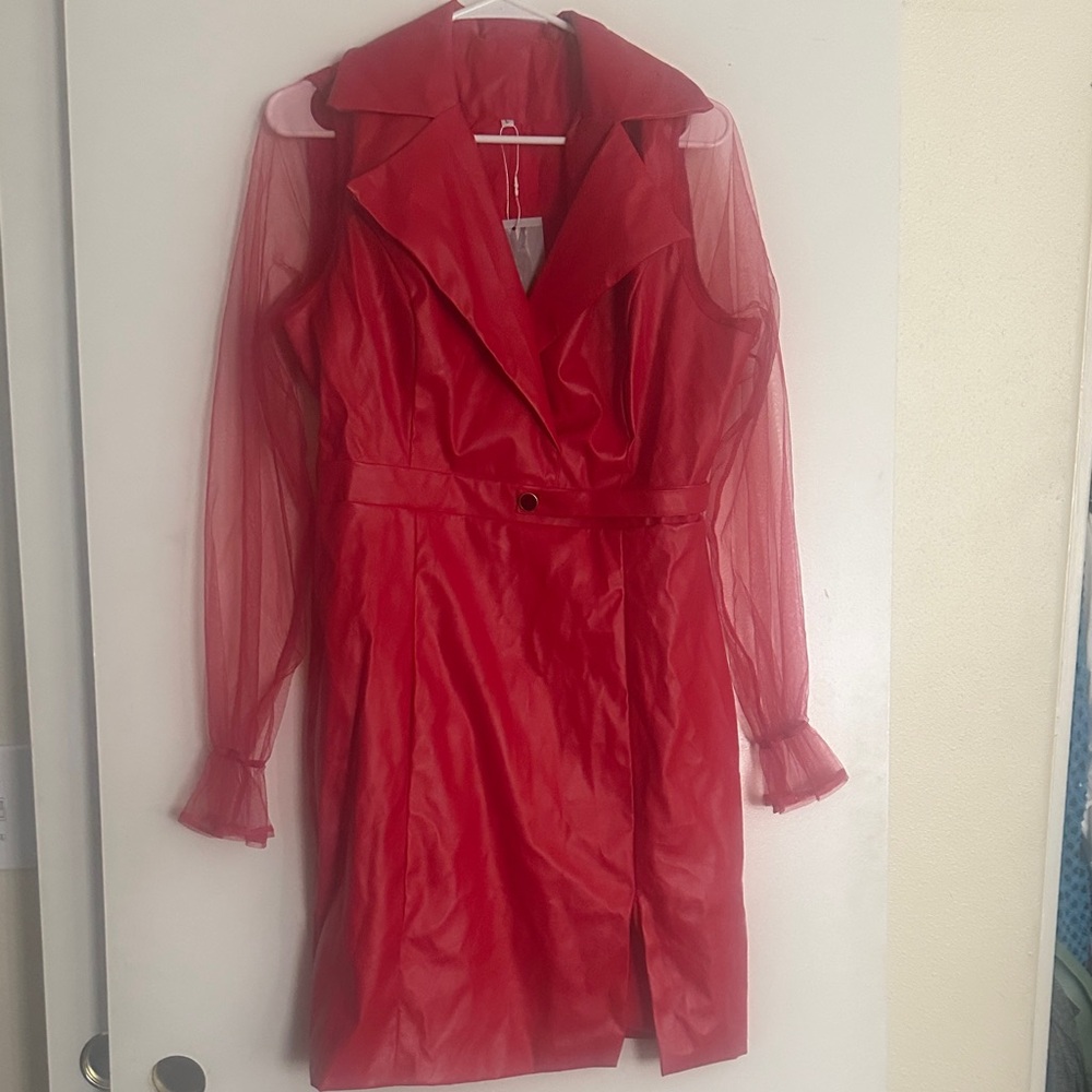 Chic Red Trench Coat with Sheer Sleeves